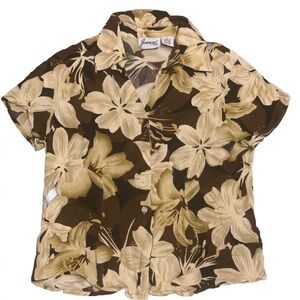 Vintage Joanna Womens Hawaiian Button Down Shirt Brown Hibiscus Floral Tropical